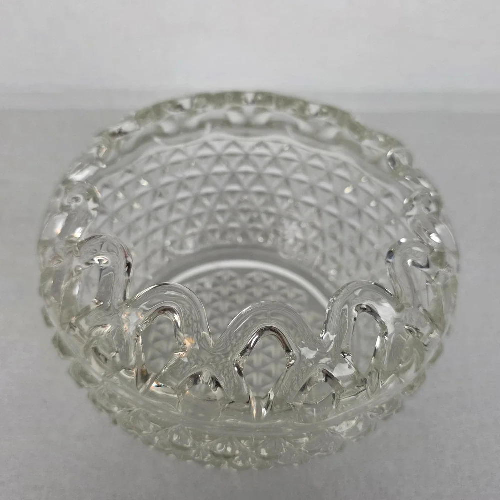 Vintage Clear Pressed Glass Rose Bowl Diamond Point Open Lace Scalloped Rim 4in